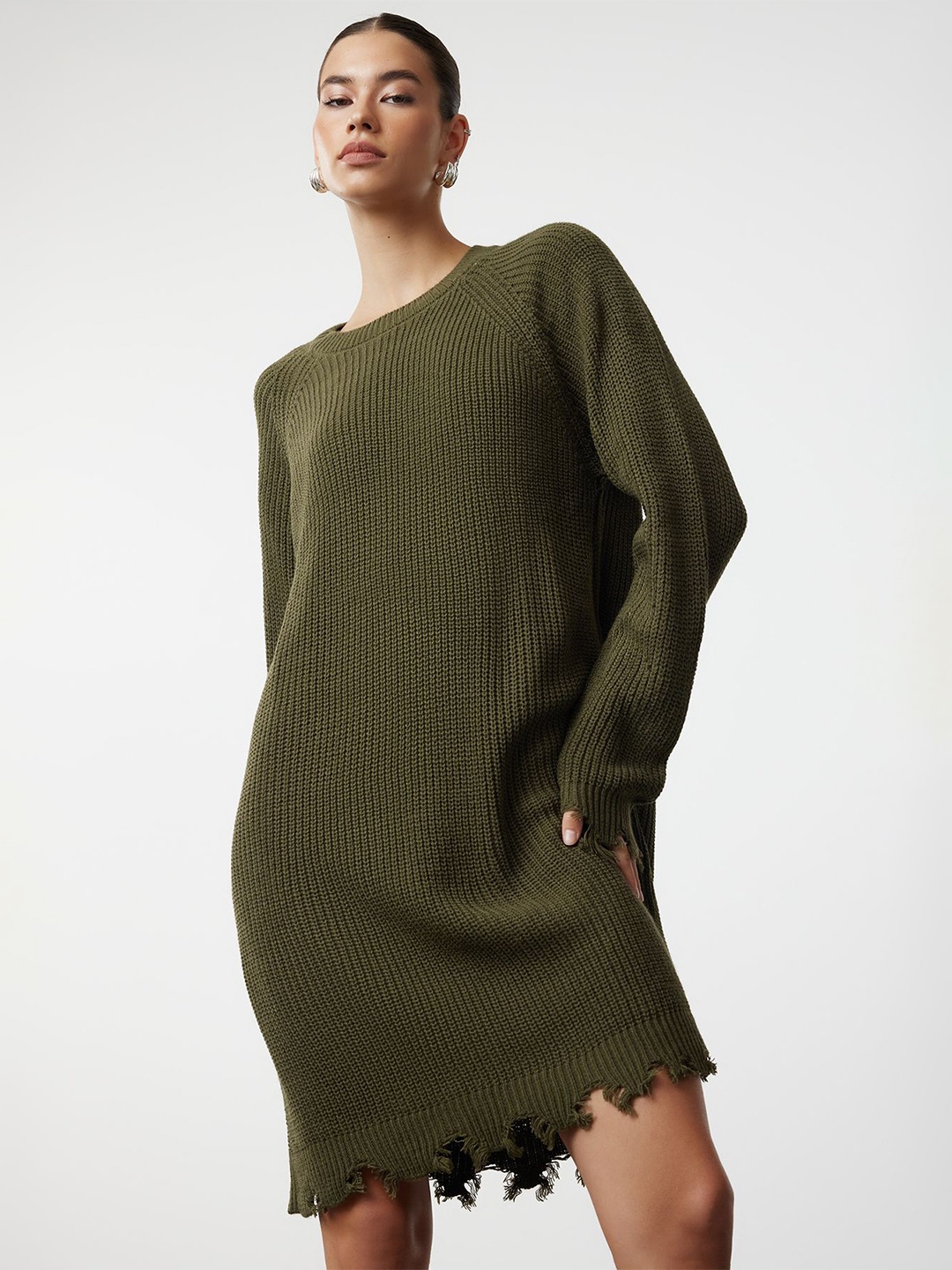 

Trendyol Self Design Oversized Knitted Mini Jumper Dress, Olive