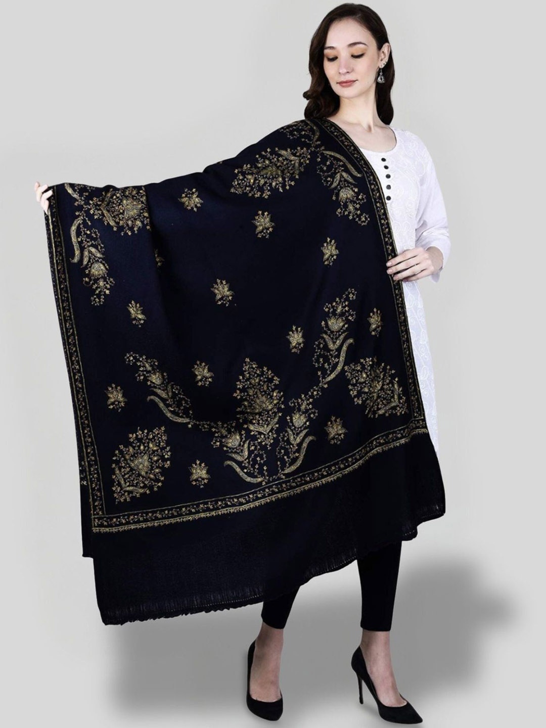 

SWI Stylish Pure Woollen Floral Embroidered Shawl, Navy blue
