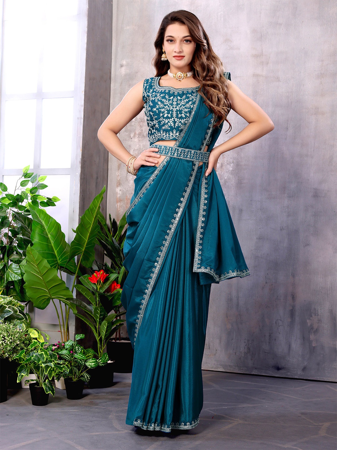 

Ashiya Fab Embroidered Pure Georgette Saree, Teal