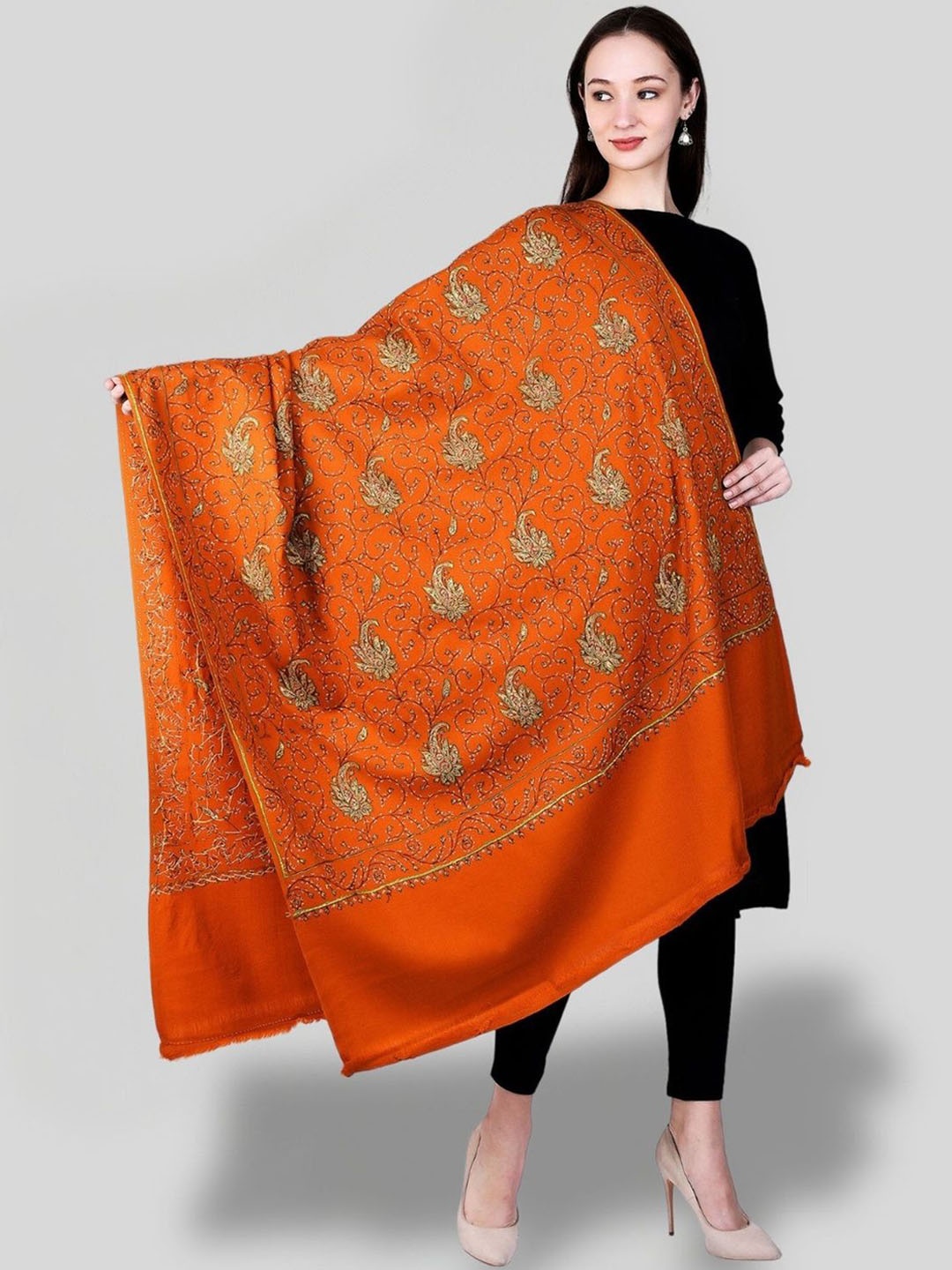 

SWI Stylish Floral Embroidered Pure Woollen Shawl, Rust