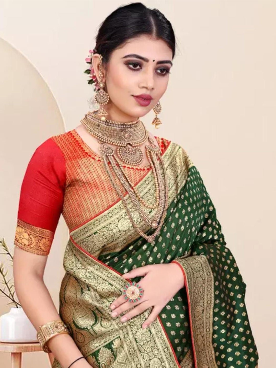 

LEAFFEB Ethnic Motifs Zari Pure Silk Banarasi Saree, Green