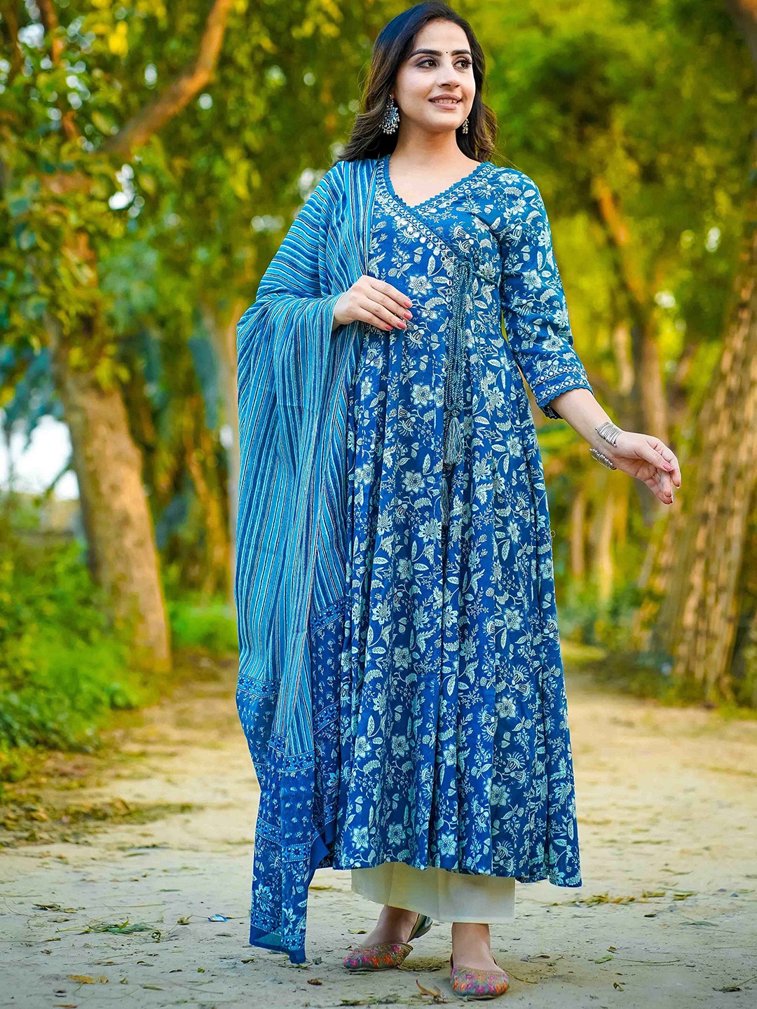 

Mizaz Floral Printed Mirror Work Pure Cotton Angrakha Kurta With Trouser & Dupatta, Teal