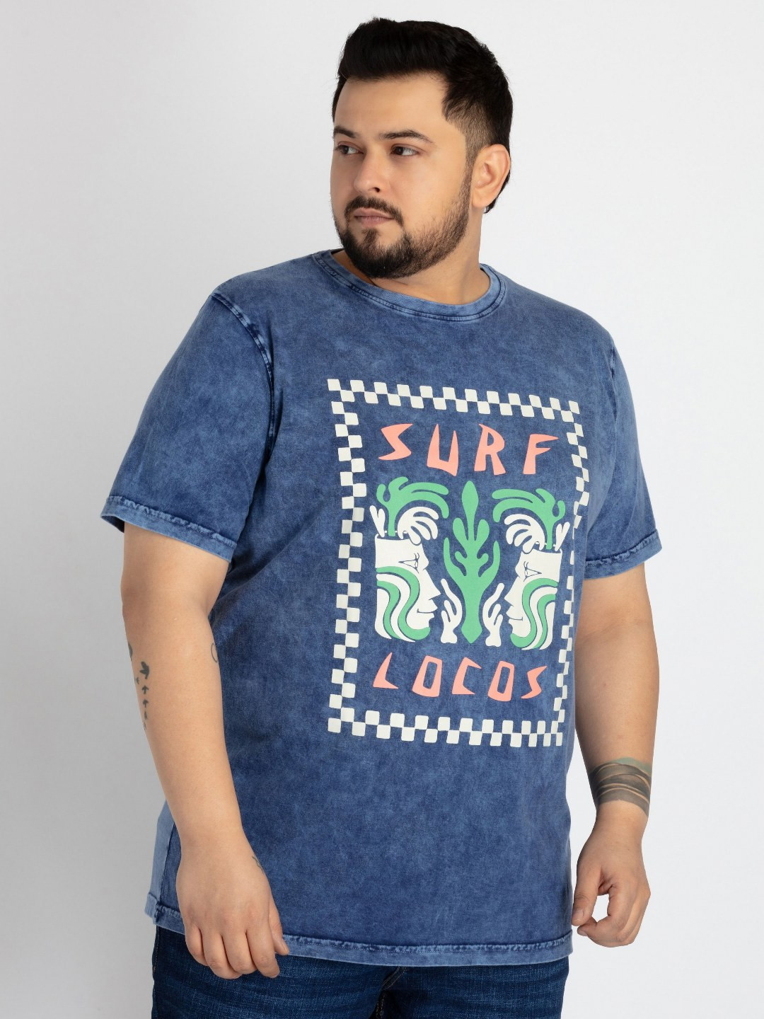

UNSIZED Men Graphic Printed Round Neck Cotton T-shirt, Blue