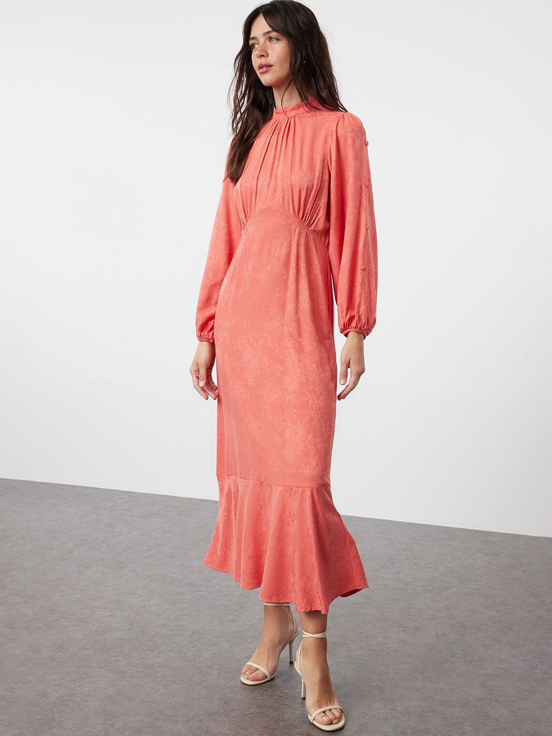 

Trendyol Women Puff Sleeve Midi Mock Neck Dress, Orange