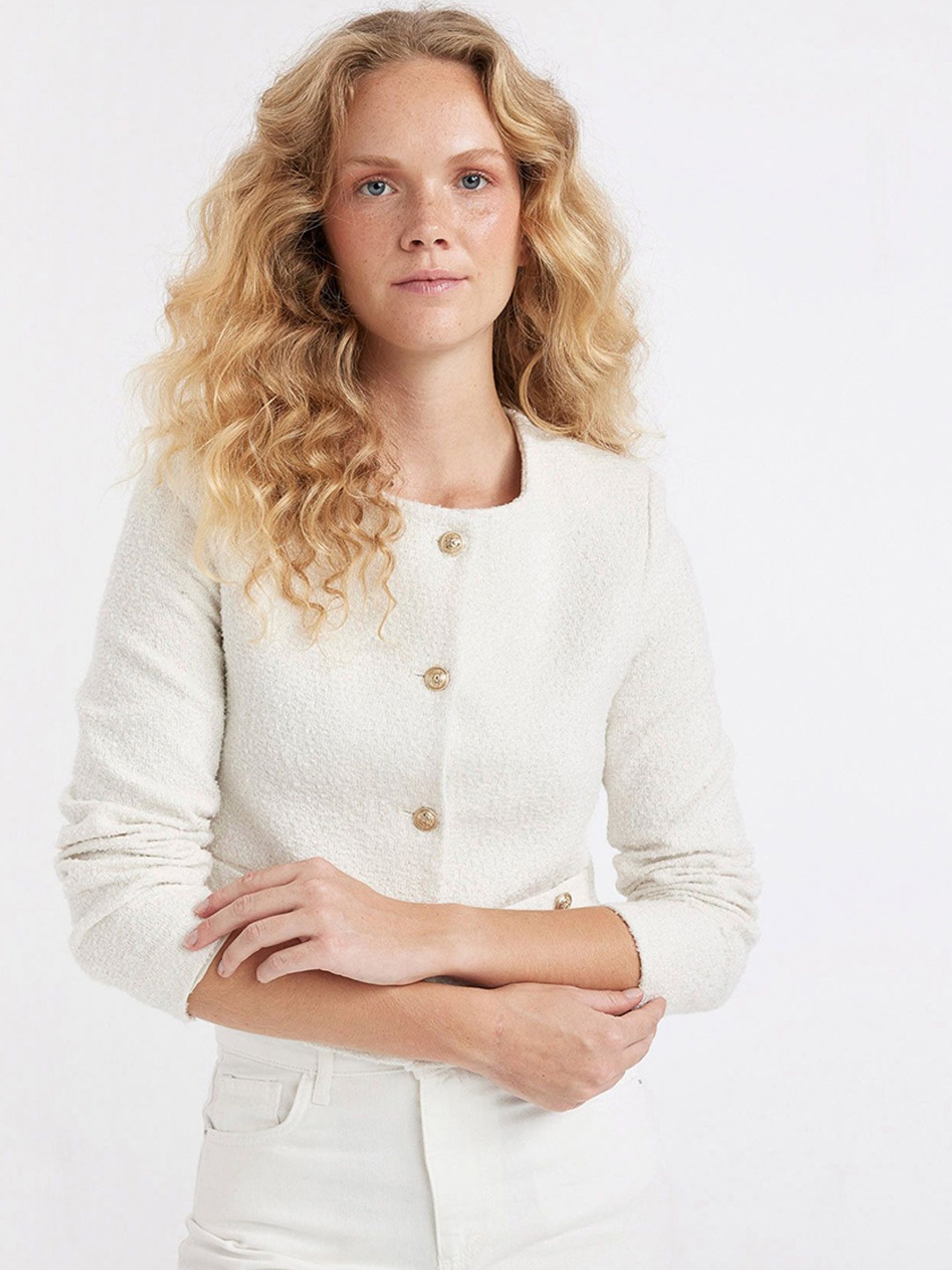 

DeFacto Crop Collarless Tailored Jacket, White