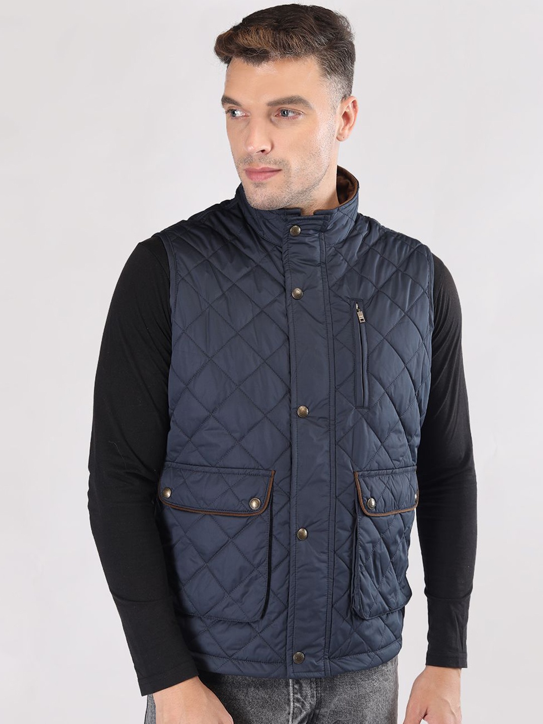 

LURE URBAN Men Washed Outdoor Puffer Jacket with Patchwork, Navy blue