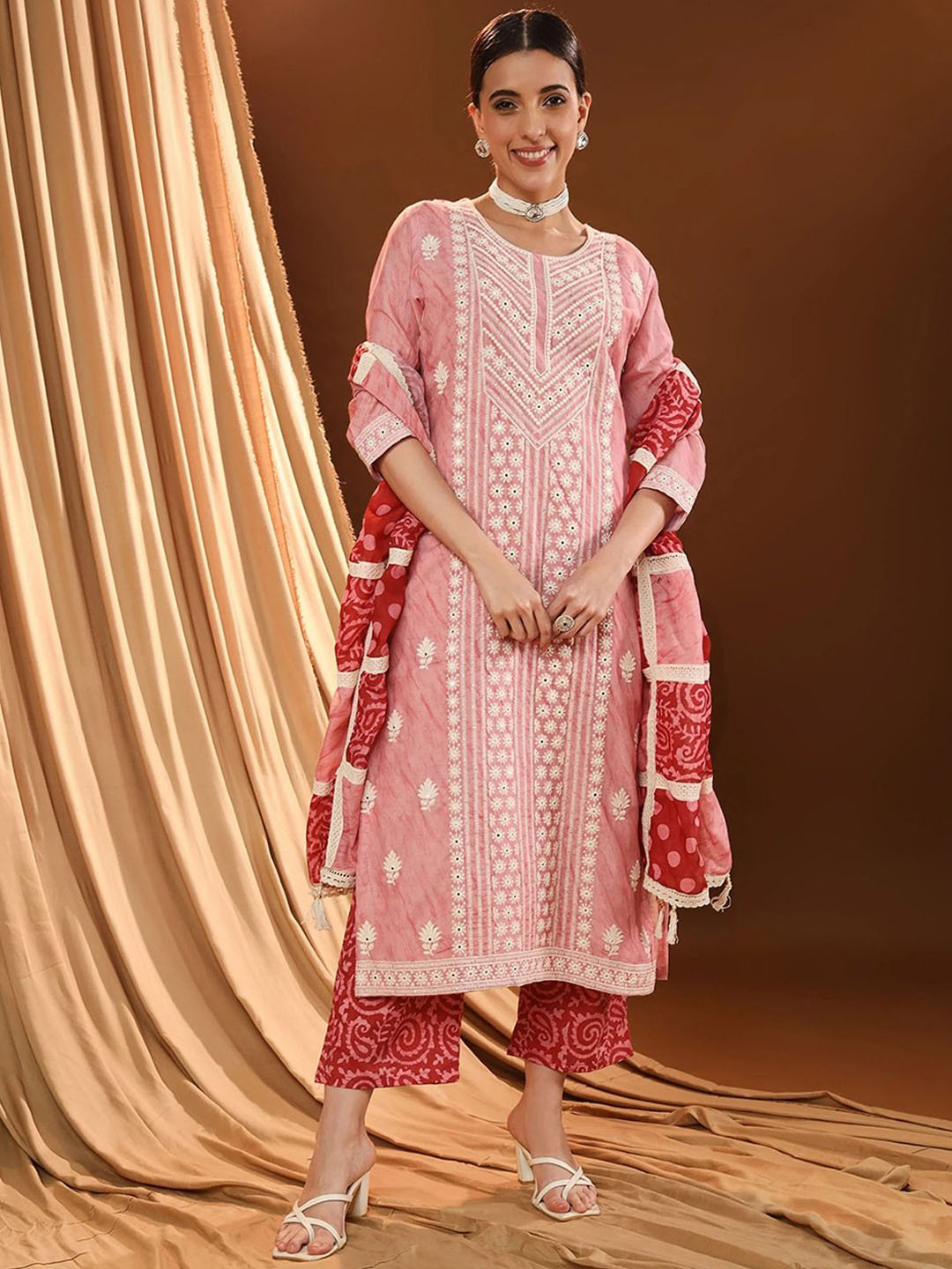 

VESH Floral Embroidered Pure Cotton Straight Kurta With Trousers & Dupatta, Coral
