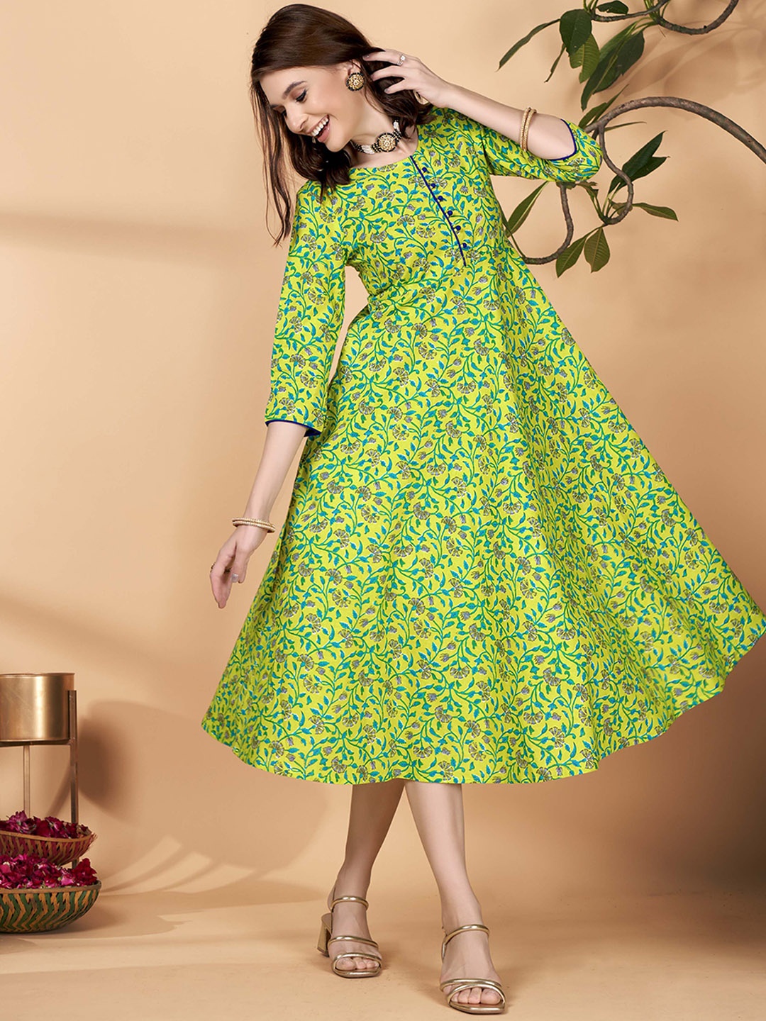 

Anouk Floral Printed Cotton Fit & Flare Ethnic Dress, Green