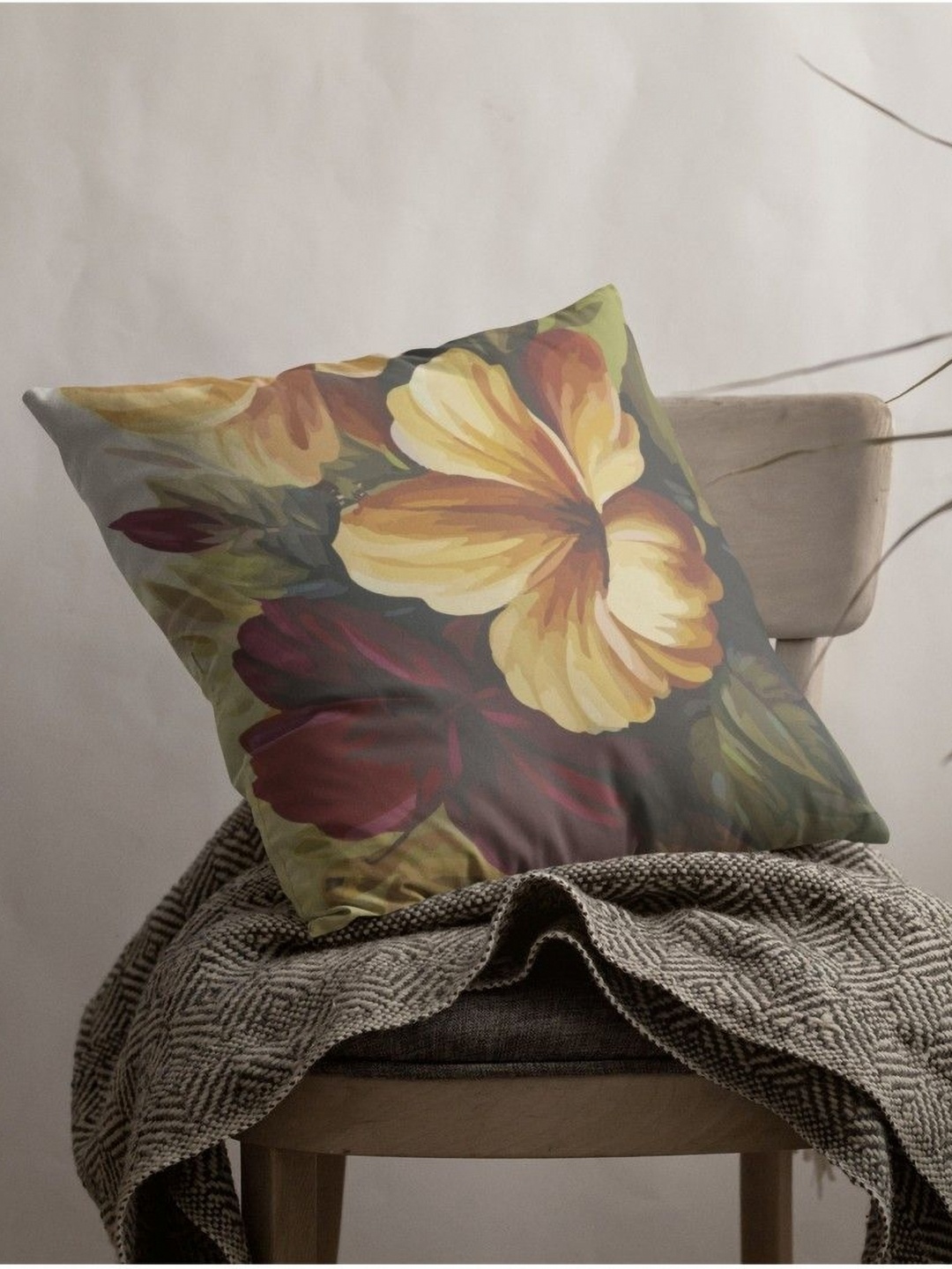 

THEYAYACAFE Brown & Yellow Floral Printed Velvet Square Cushion Cover