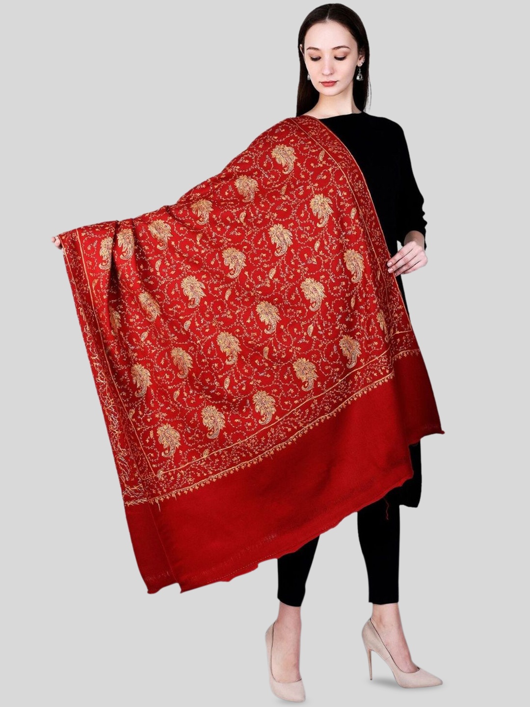 

SWI Stylish Pure Woollen Paisley Embroidered Shawl, Maroon