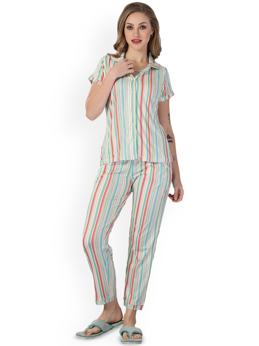

KOVIRA Women Striped Lapel Collar Night suit 2043 CX-A, Blue