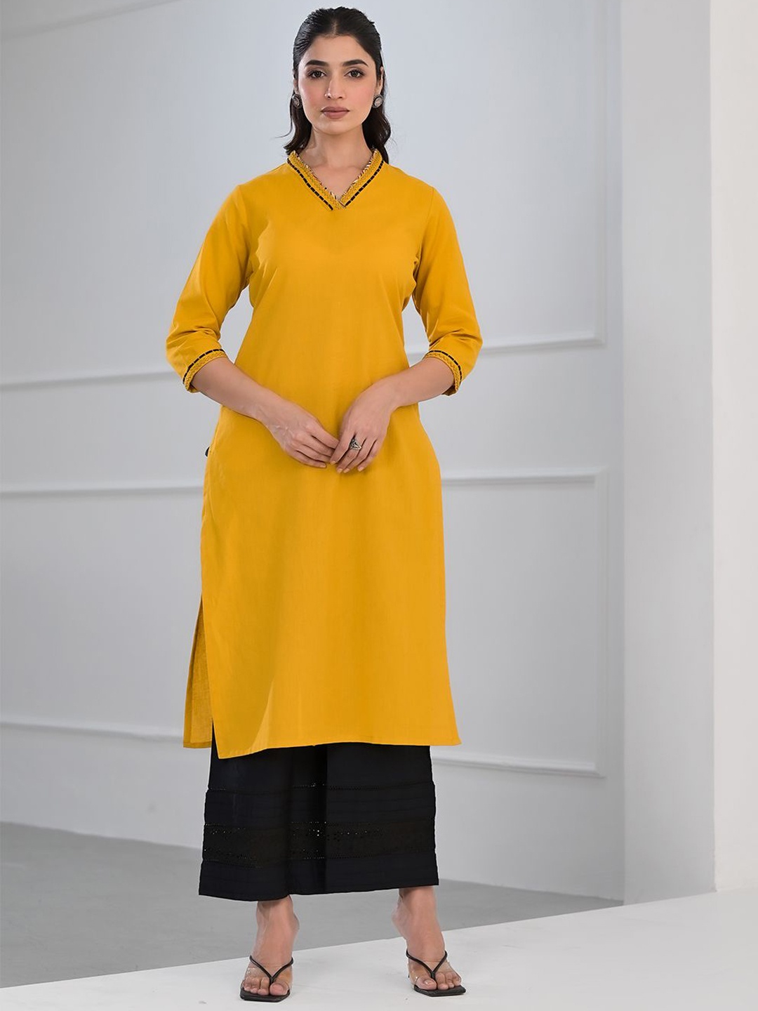 

ARAVALII V-Neck Cotton Straight Kurta, Yellow