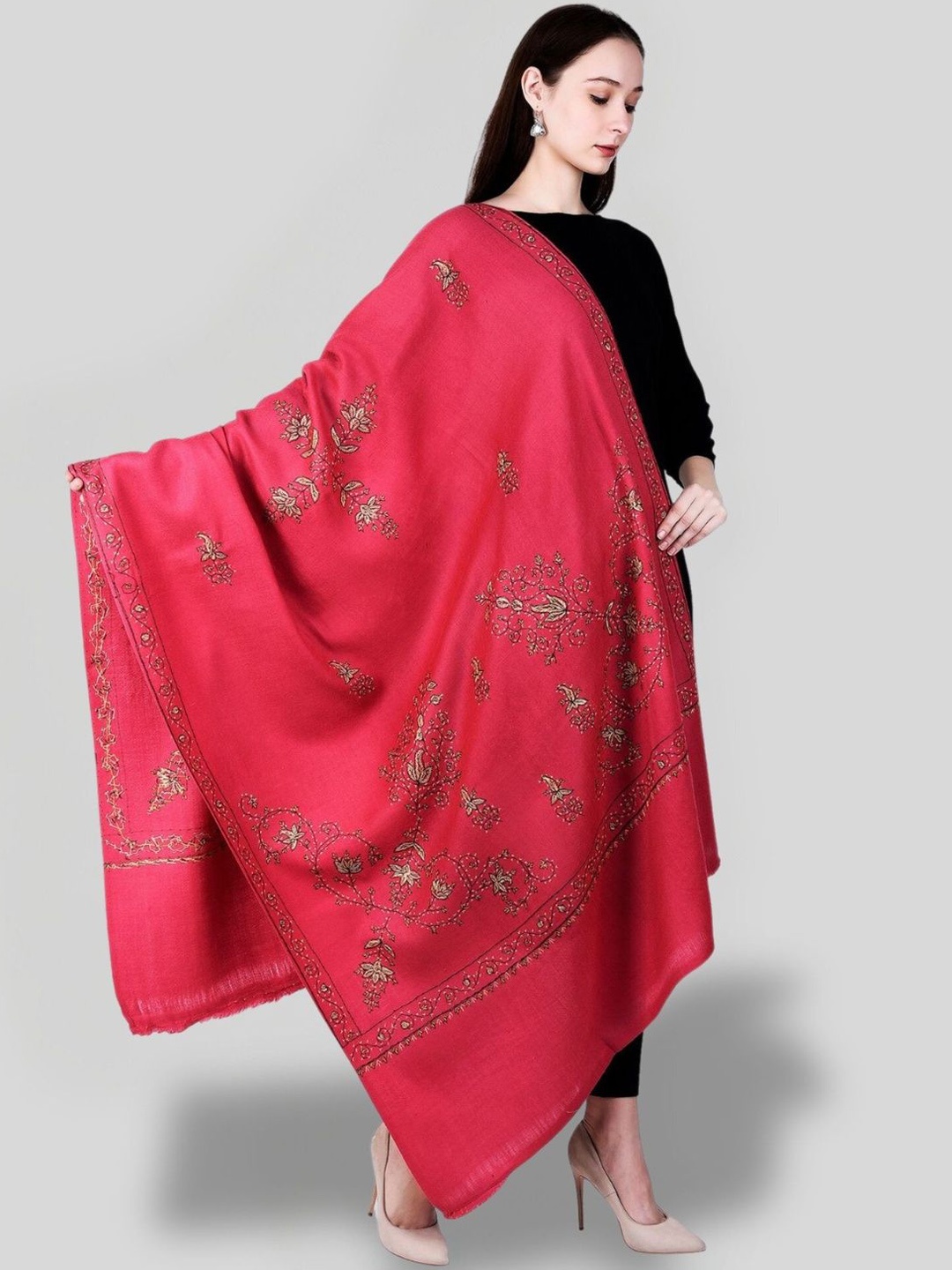 

SWI Stylish Paisley Embroidered Woollen Shawl, Pink