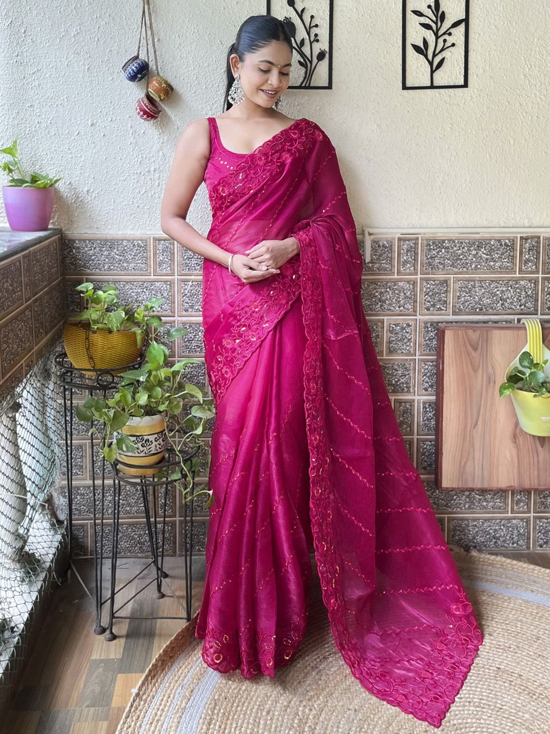 

Mitera Embellished Sequinned Organza Saree, Pink