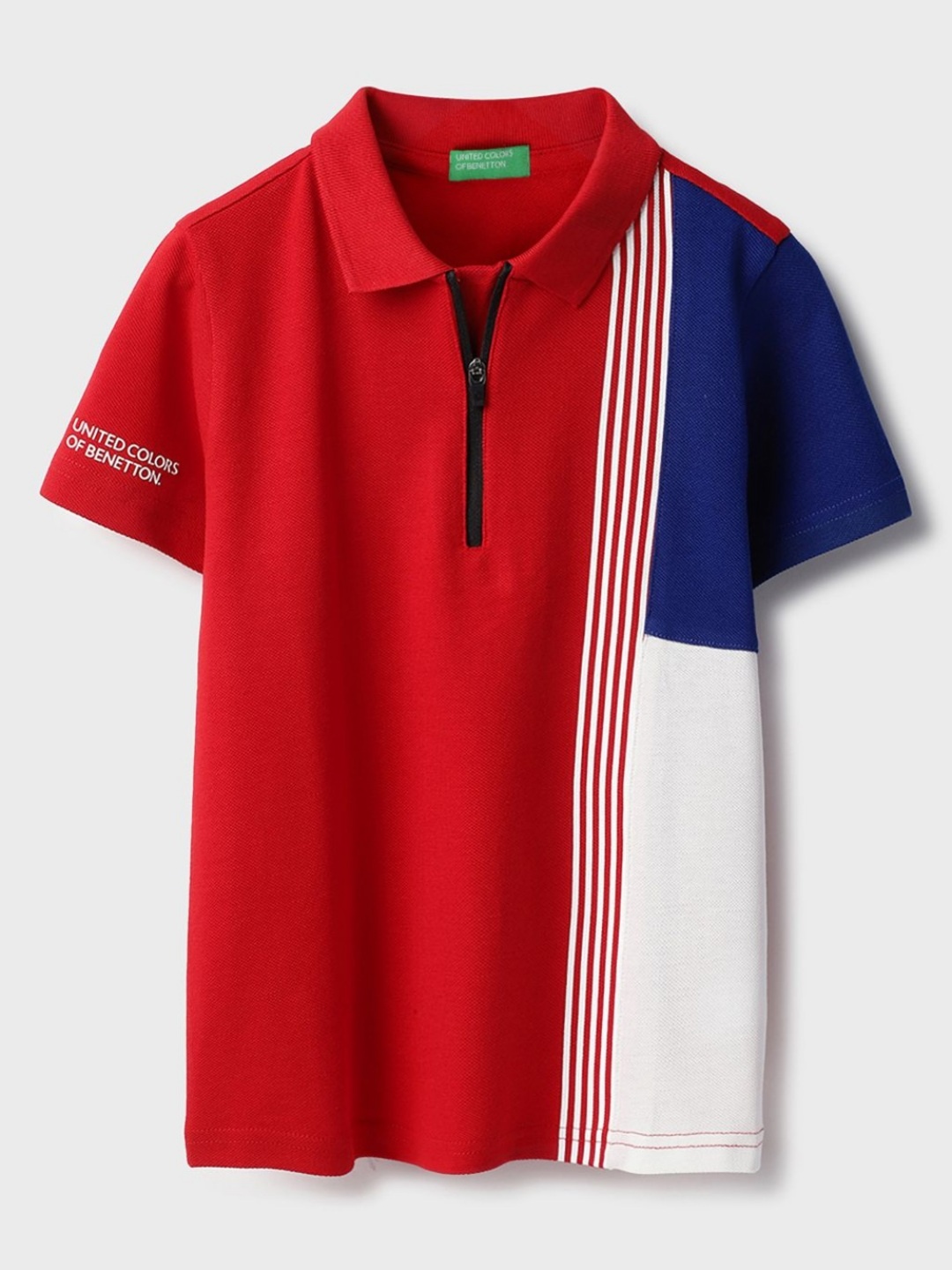 

United Colors of Benetton Boys Striped Polo Collar Pure Cotton T-shirt, Red