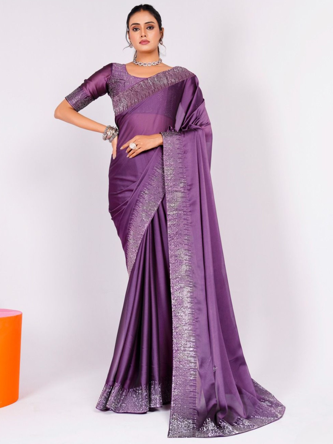 

Mitera Beads and Stones Pure Chiffon Saree, Violet