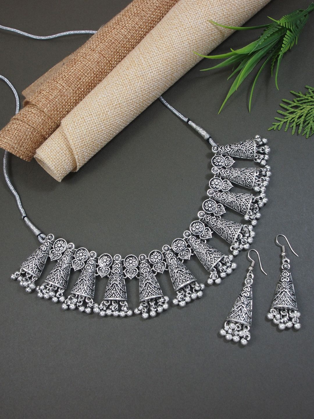 

I Jewels Silver Plated Oxidised Ghungroo Jewellery Set