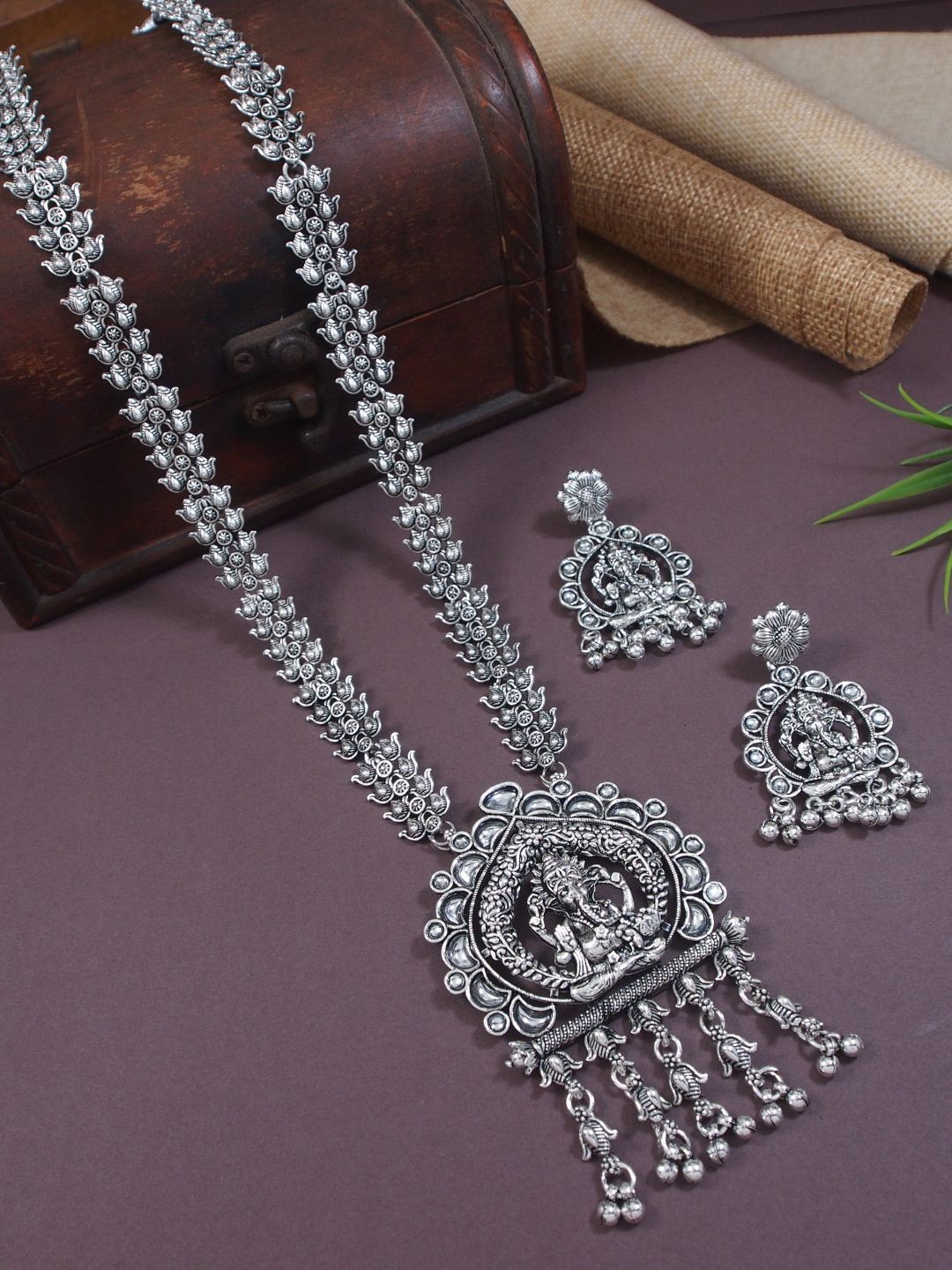 

I Jewels Silver Plated Oxidised Ganesh Design Long Necklace Jewellery Set