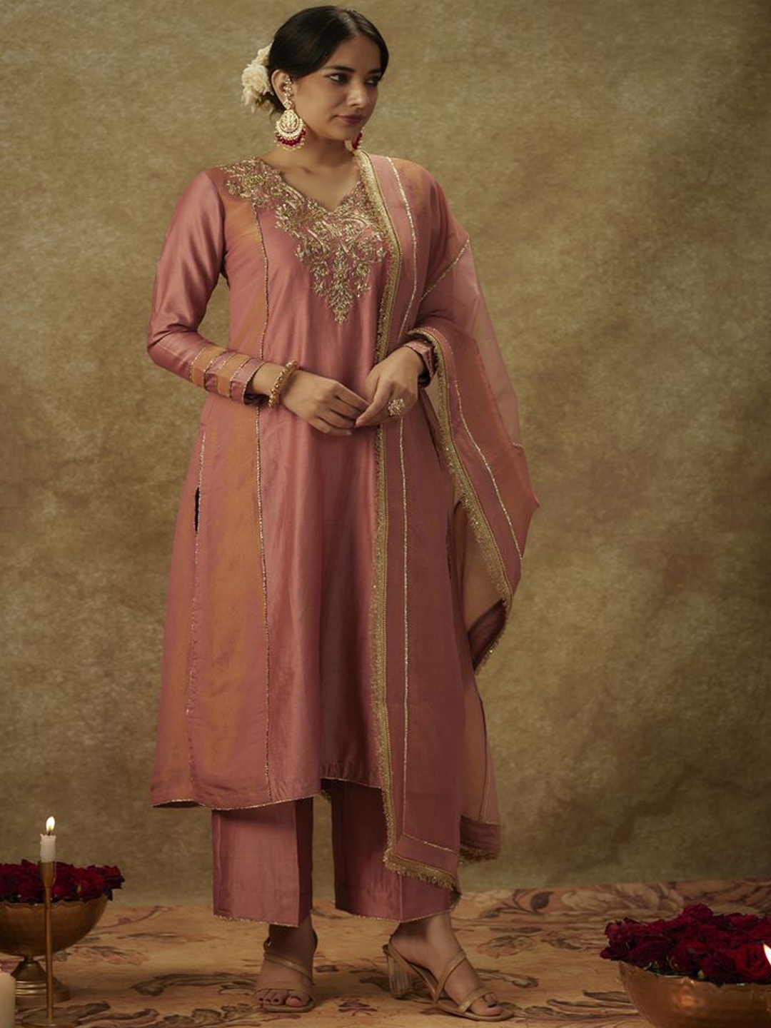 

The Aarya Paisley Embroidered Panelled Chanderi Silk Kurta With Palazzos & Dupatta, Pink