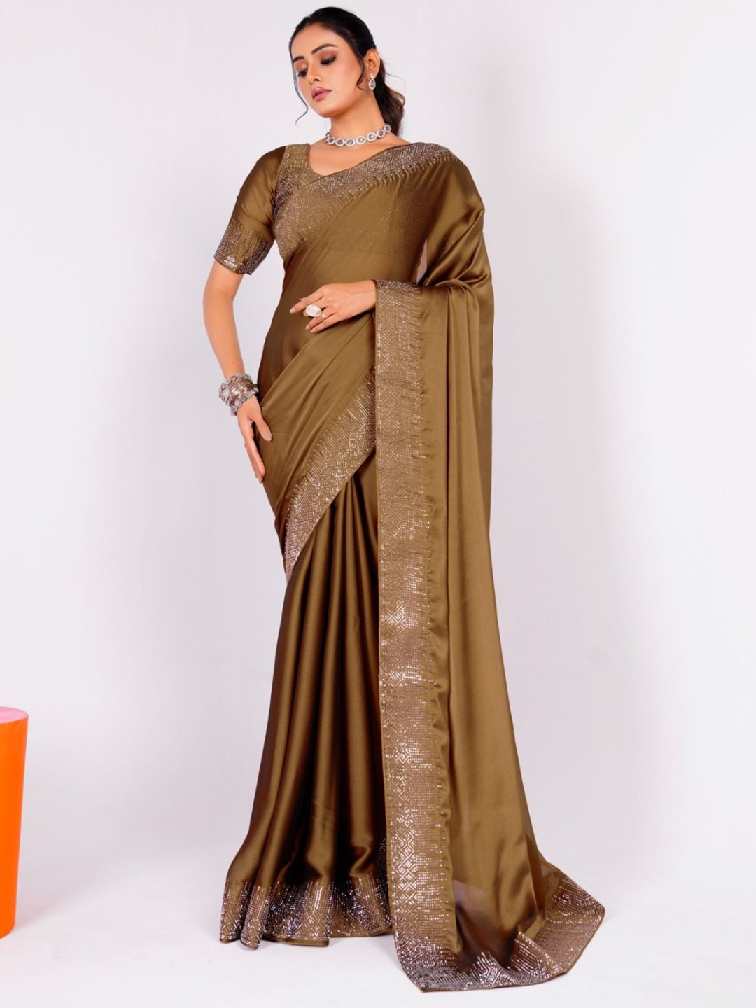 

Mitera Beads and Stones Embellished Pure Chiffon Saree, Olive