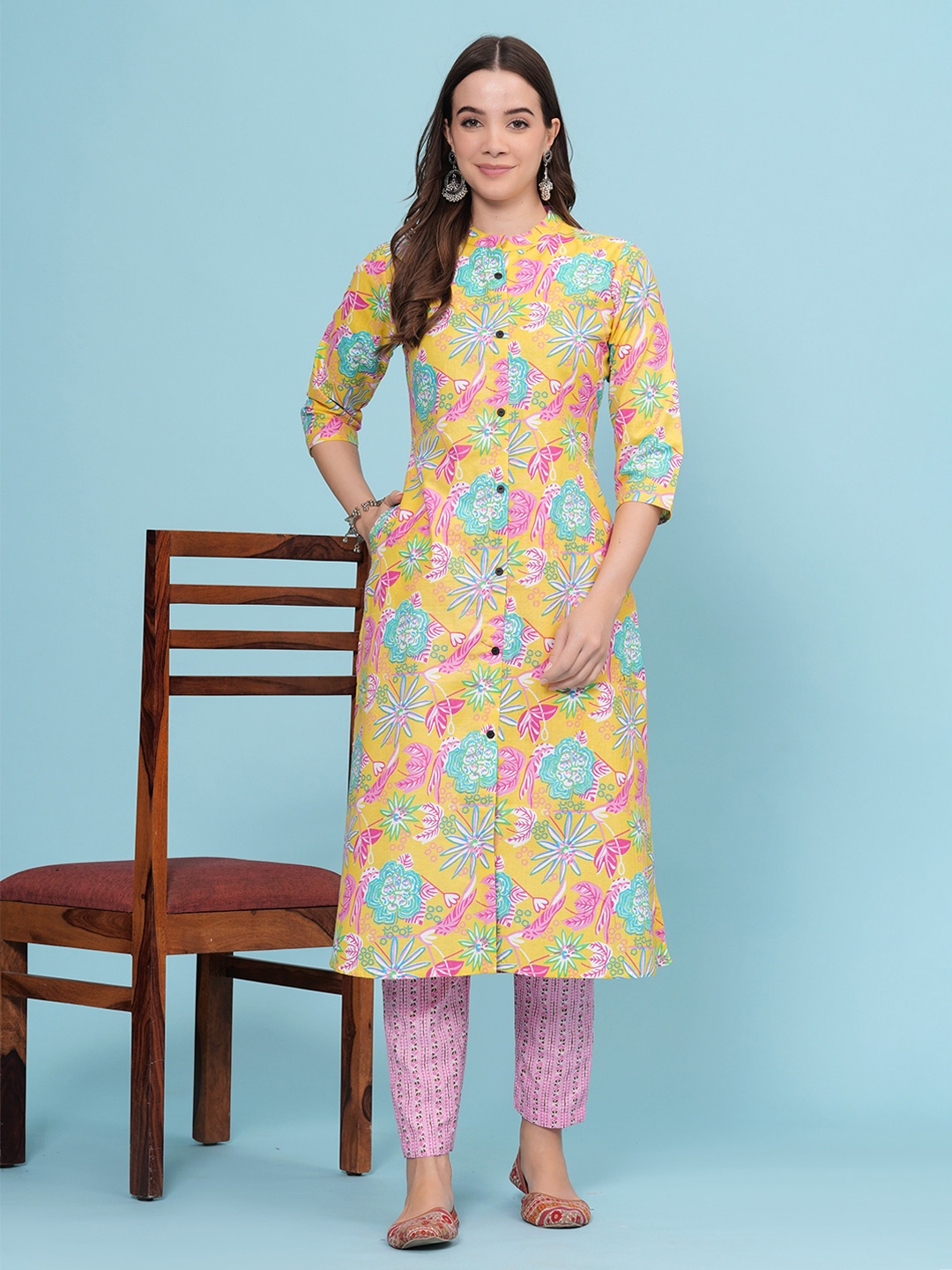 

HEARTLOOM Printed Pure Cotton A-Line Kurta, Yellow