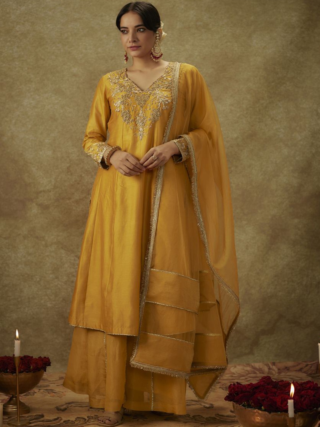 

The Aarya Floral Embroidered Panelled Chanderi Silk Kurta With Palazzos & Dupatta, Yellow