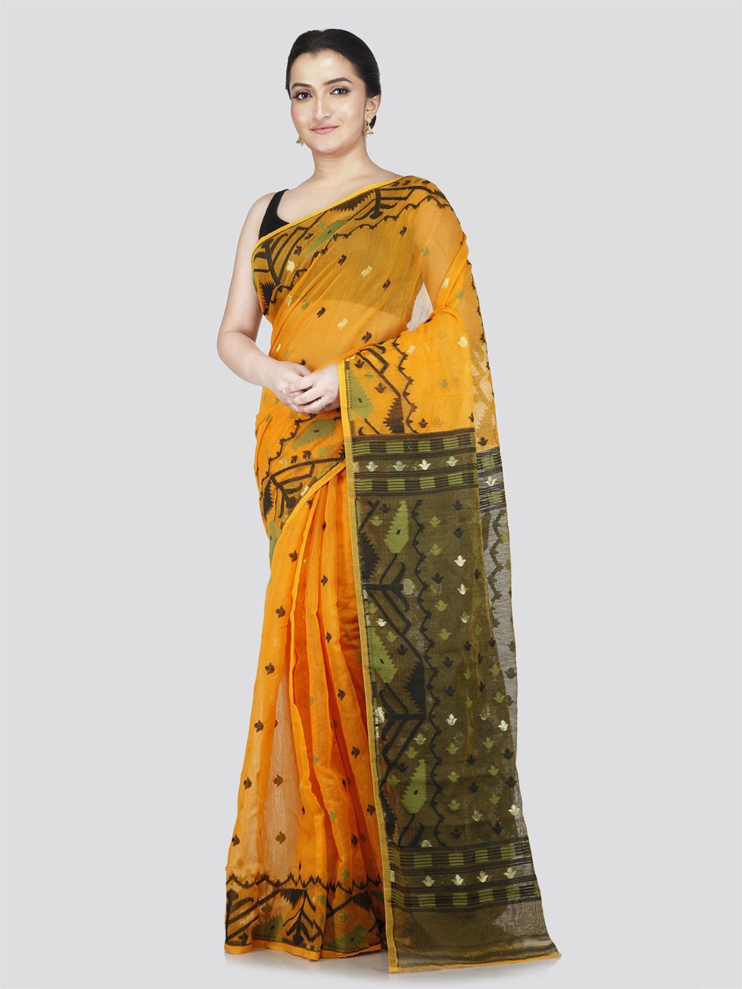 

PinkLoom Woven Design Zari Pure Cotton Jamdani Saree, Yellow