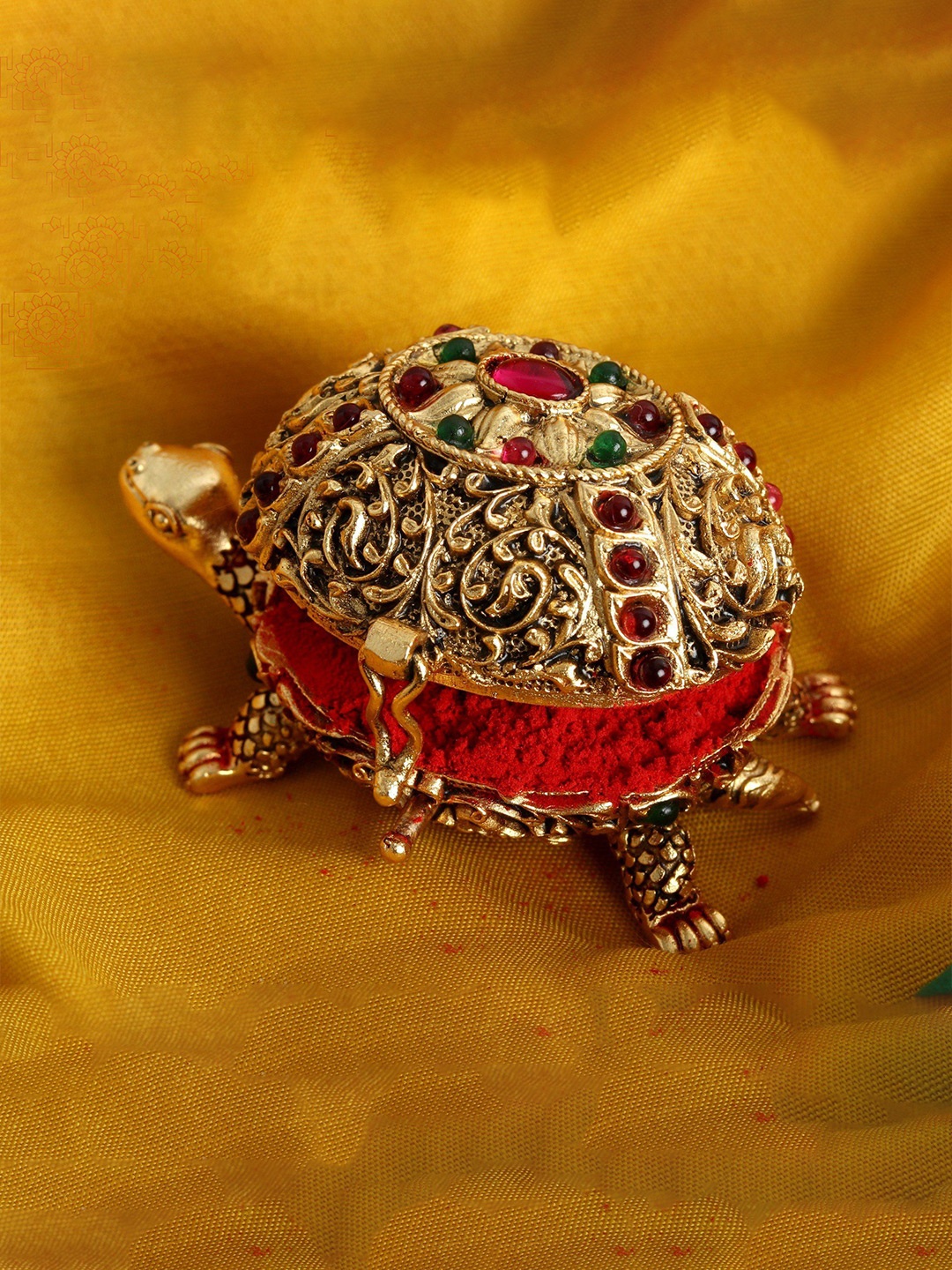 

Exotic India Brass with Stone-Work Vastu Tortoise Sindoor Box, Gold
