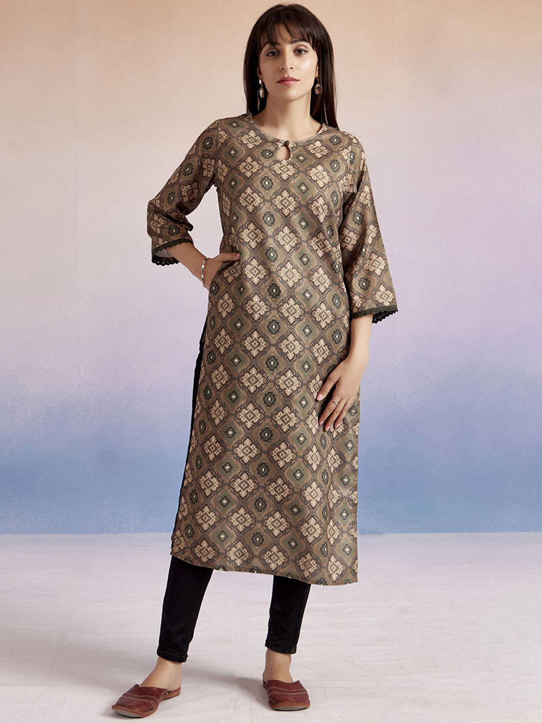 

Jaipur Kurti Moroccan Printed Straight Kurta, Olive