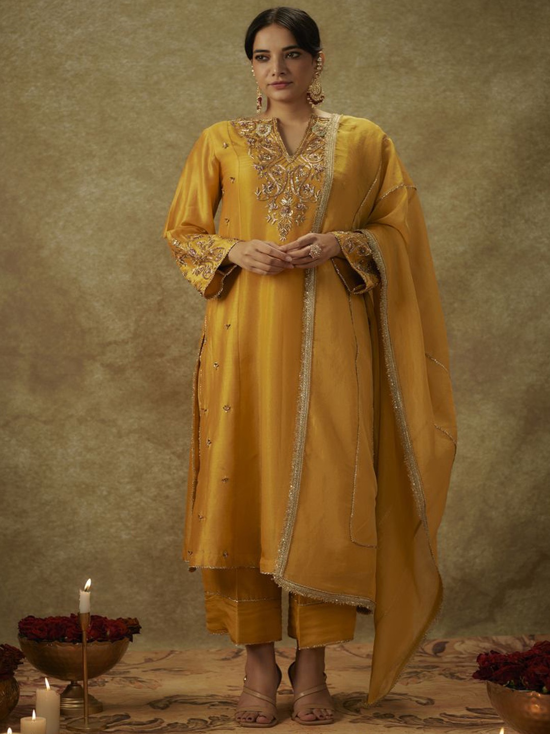 

The Aarya Ethnic Motifs Embroidered Panelled Chanderi Silk Kurta With Trousers & Dupatta, Yellow