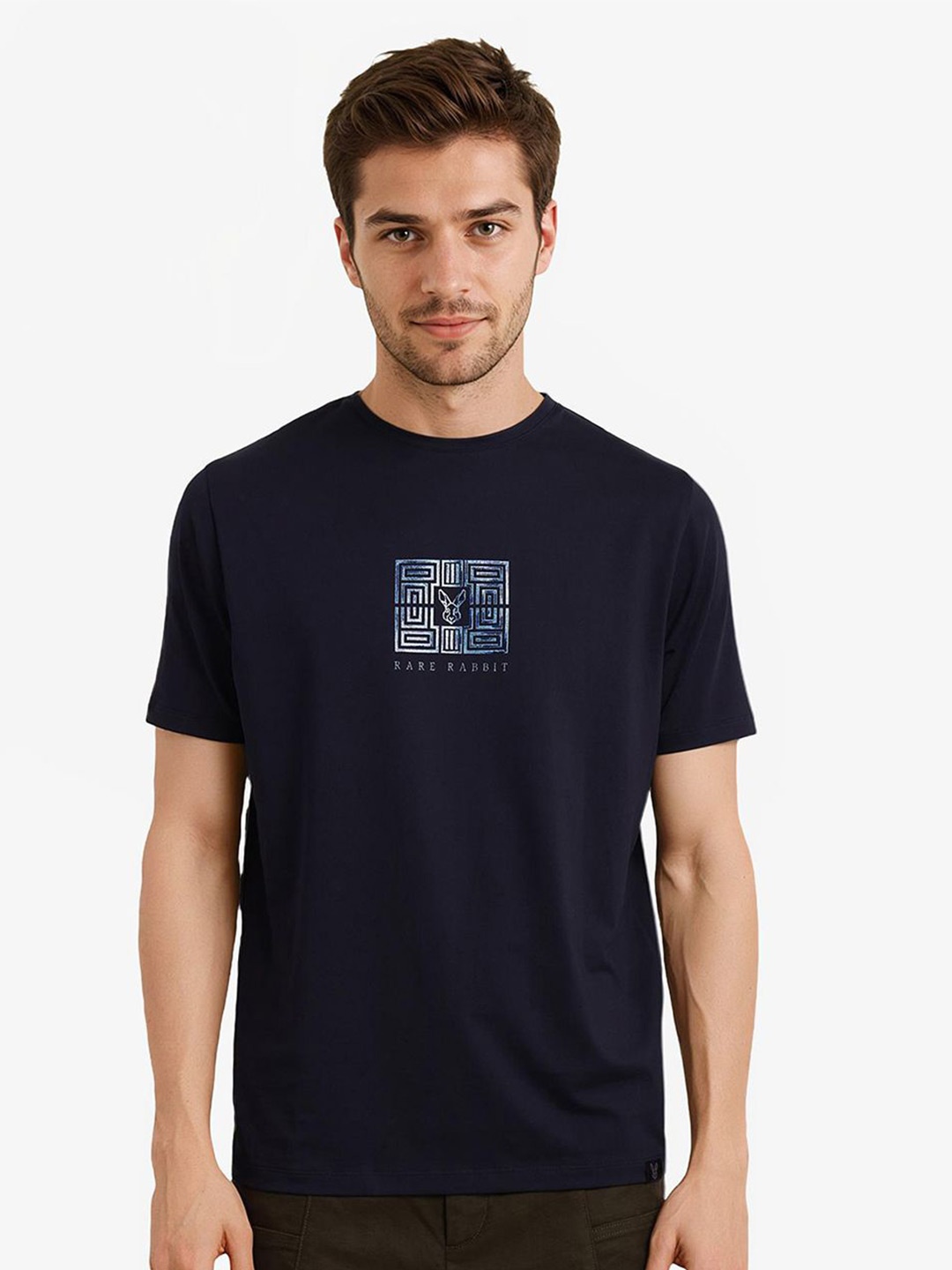 

RARE RABBIT Men Brand Logo Printed Pockets T-shirt, Navy blue