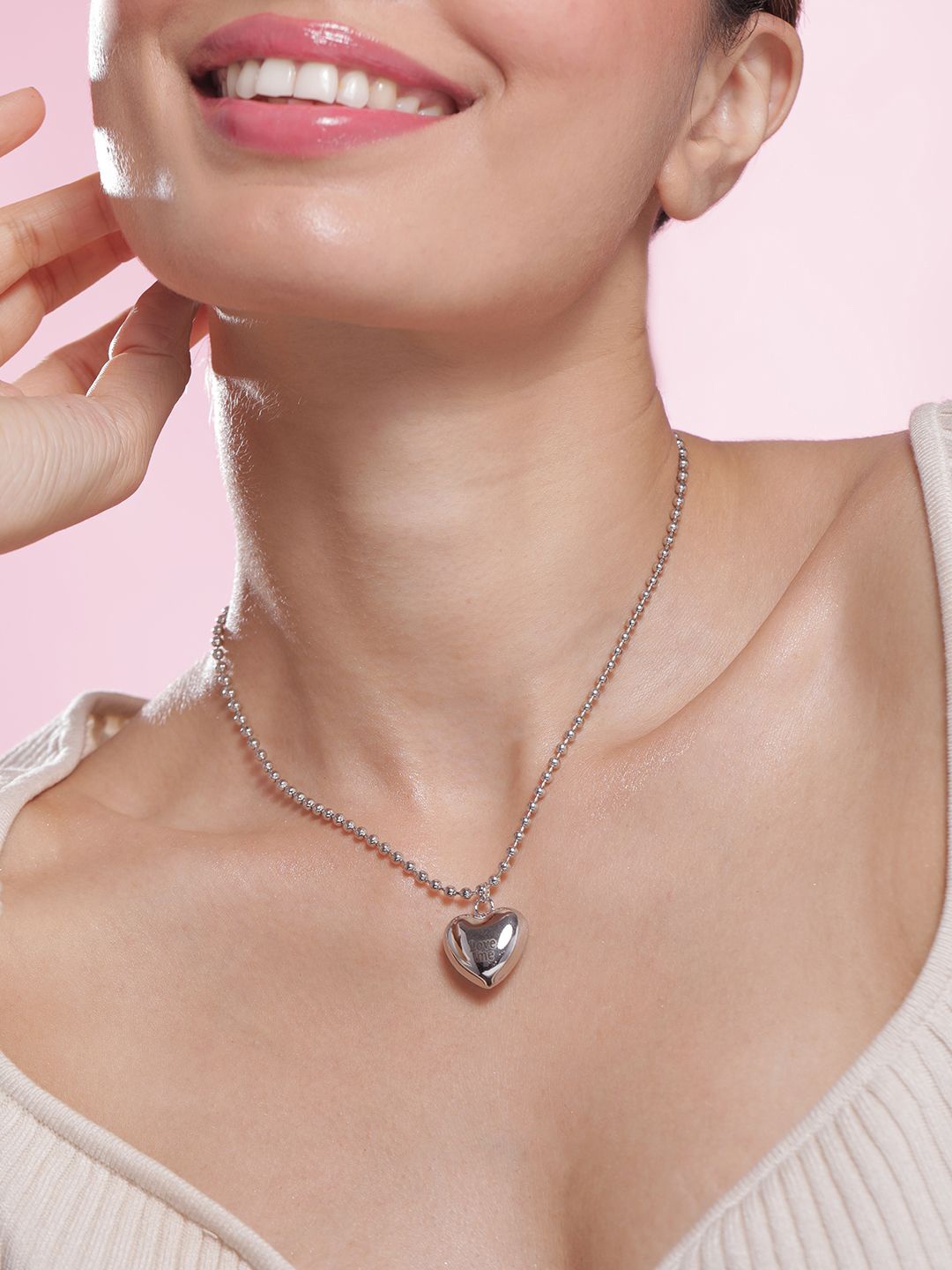 

Rubans Rhodium Plated Silver Beaded Metallic Silver Heart Pendant Necklace