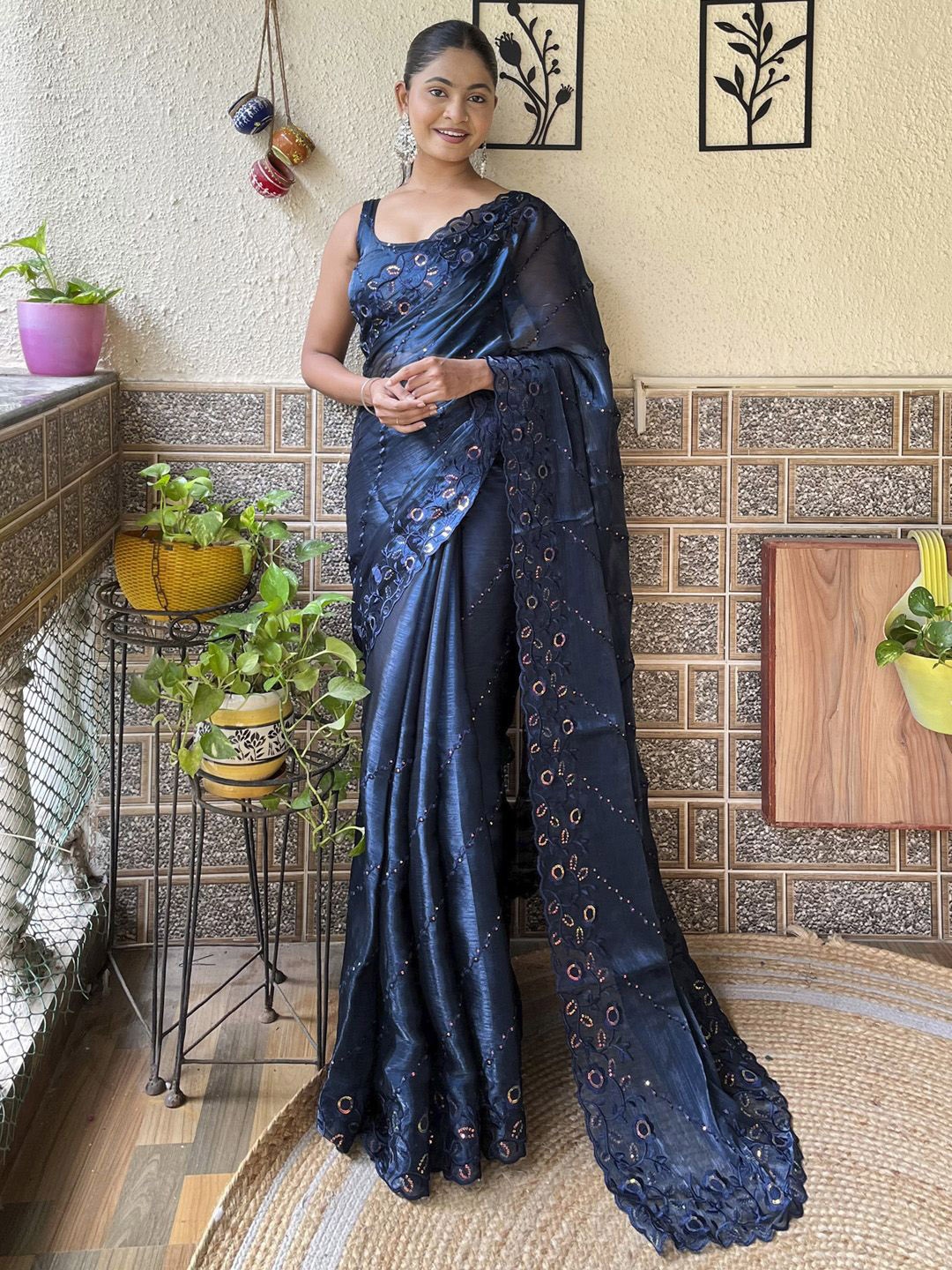 

Mitera Embellished Sequinned Organza Saree, Navy blue
