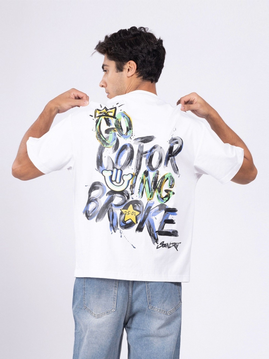 

DIMEH Typography Printed Round Neck Cotton Loose Fit T-shirt, White