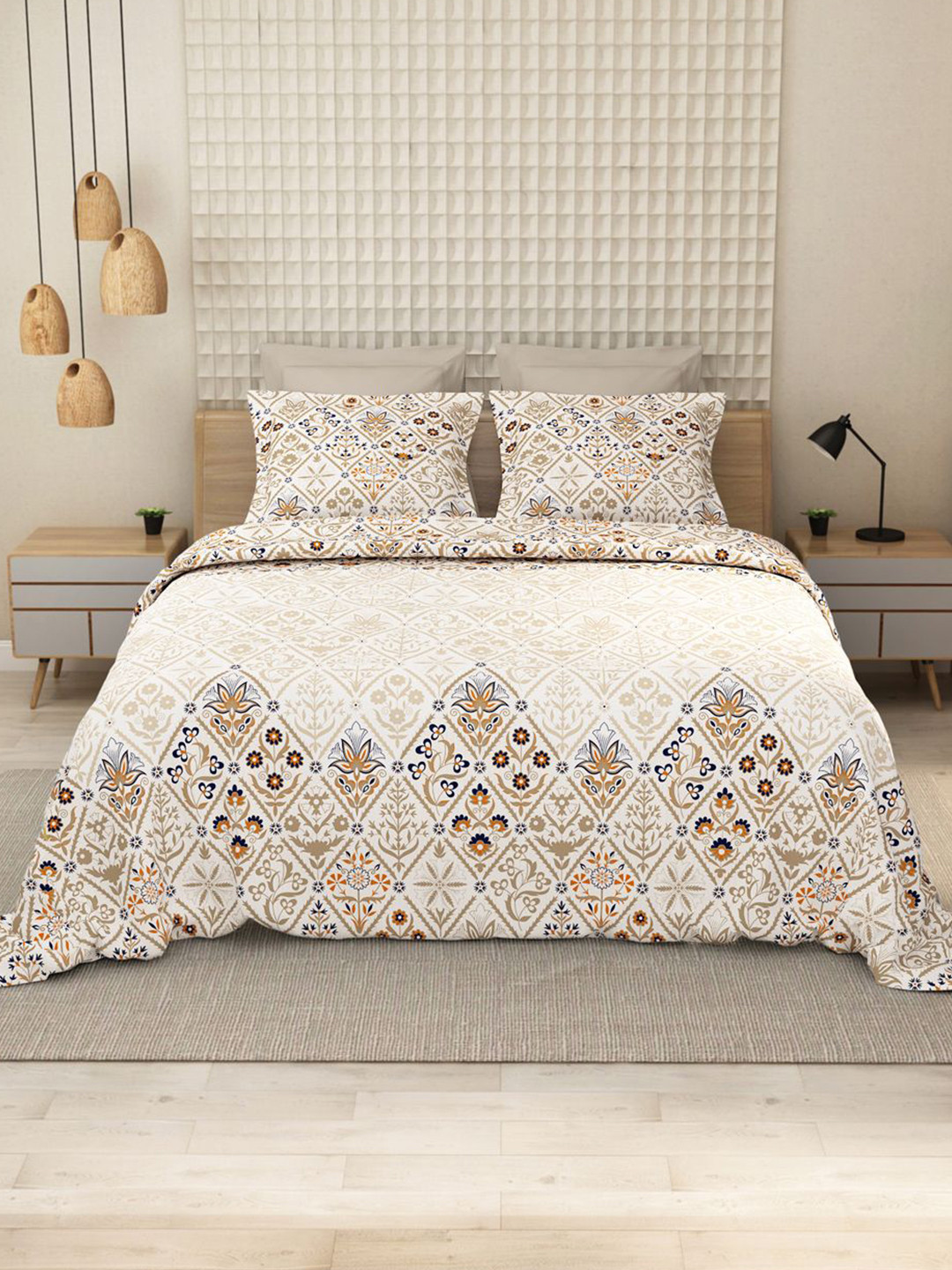 

LABHAM Brown Ethnic Motifs Printed Pure Cotton152 TC King Bedsheet With 2 Pillow Covers