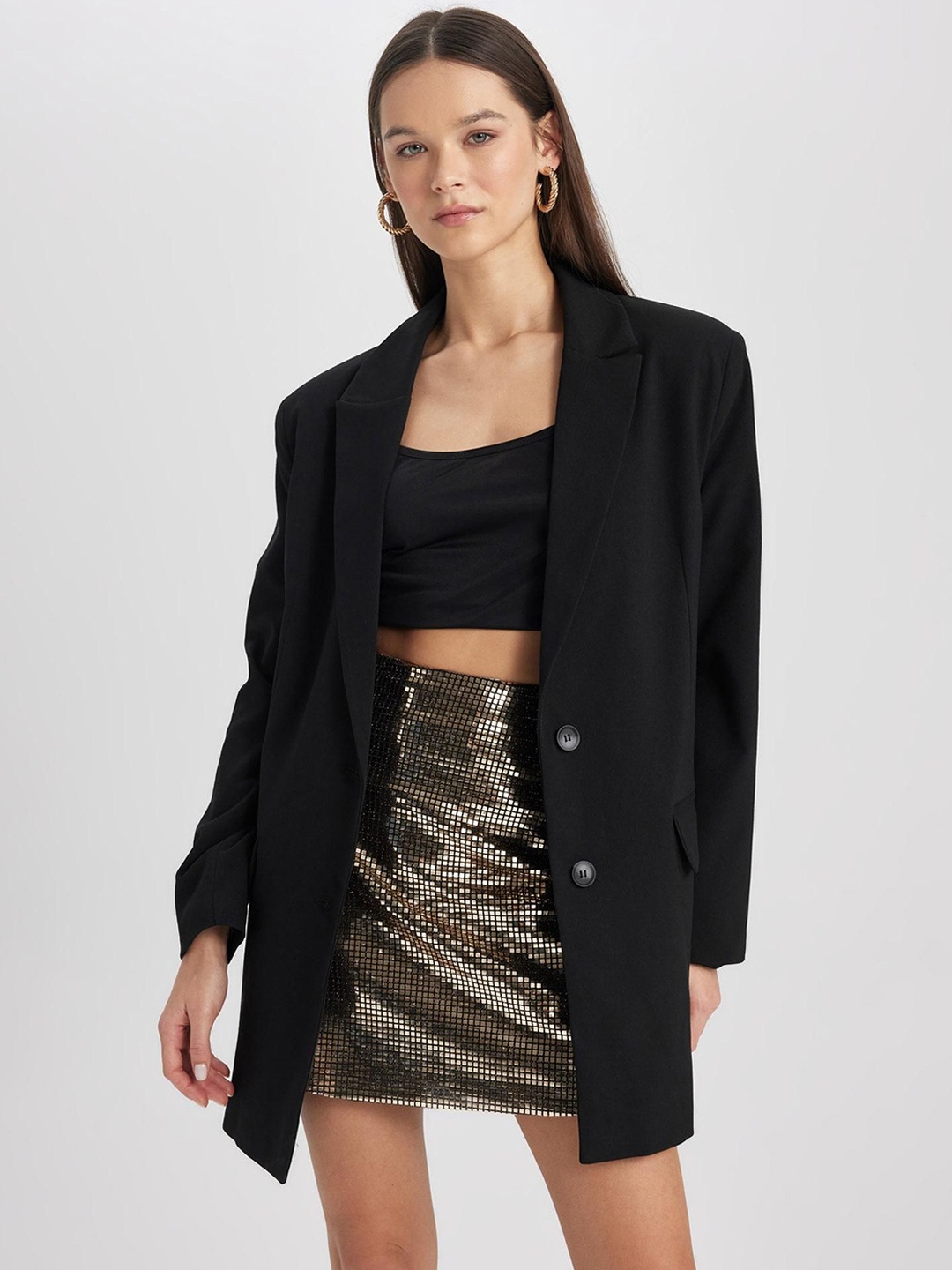 

DeFacto Notched Lapel Single-Breasted Blazers, Black