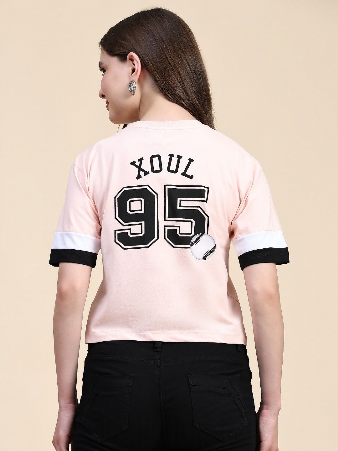 

AECK Women Varsity Printed Round Neck Cotton T-shirt, Peach