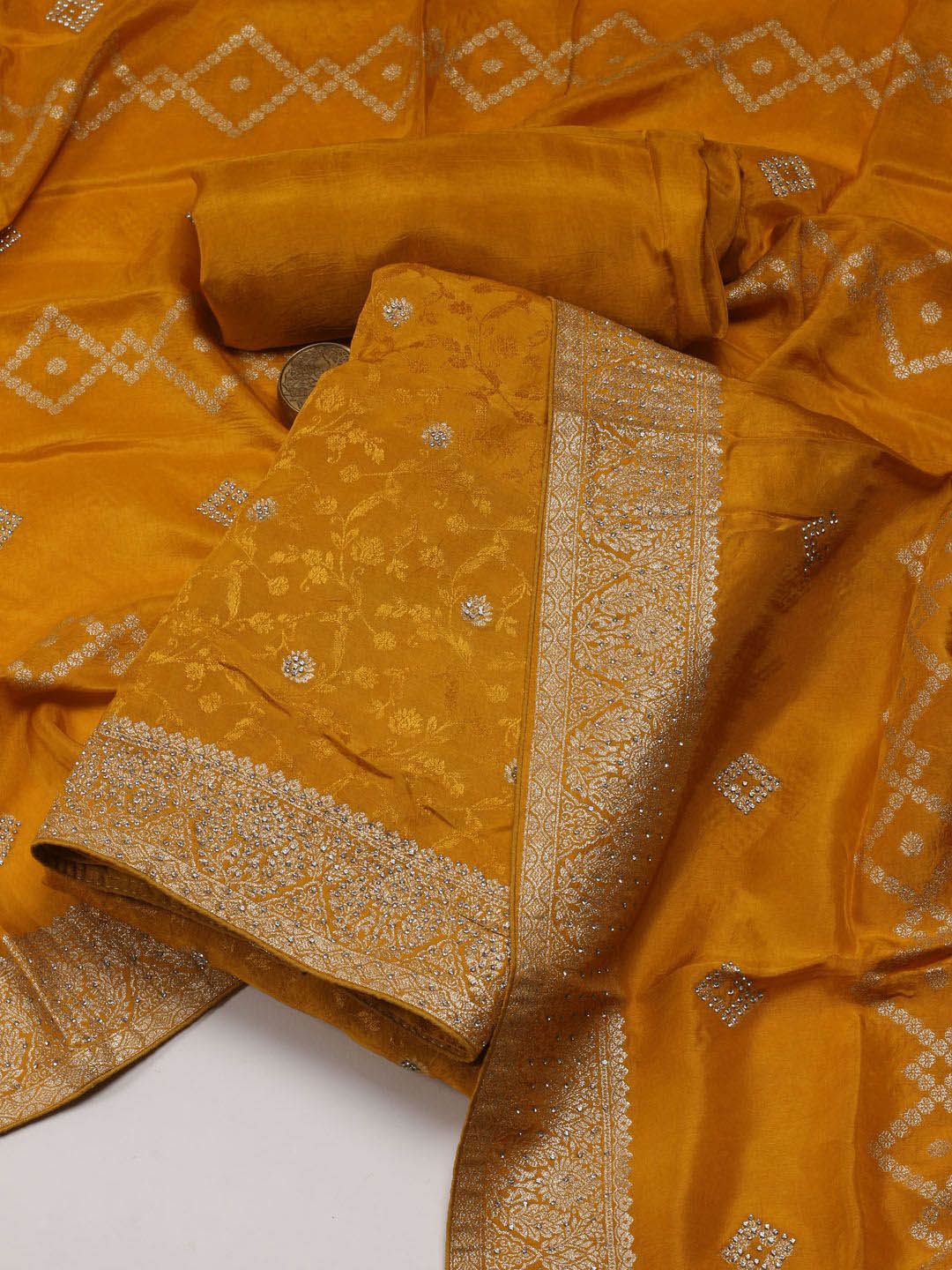 

Meena Bazaar Floral Woven Design Zari Unstitched Dress Material, Mustard