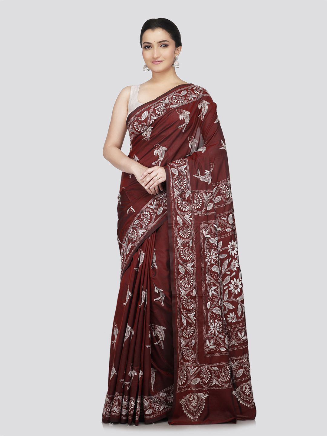 

PinkLoom Floral Kantha Work Pure Silk Saree, Maroon