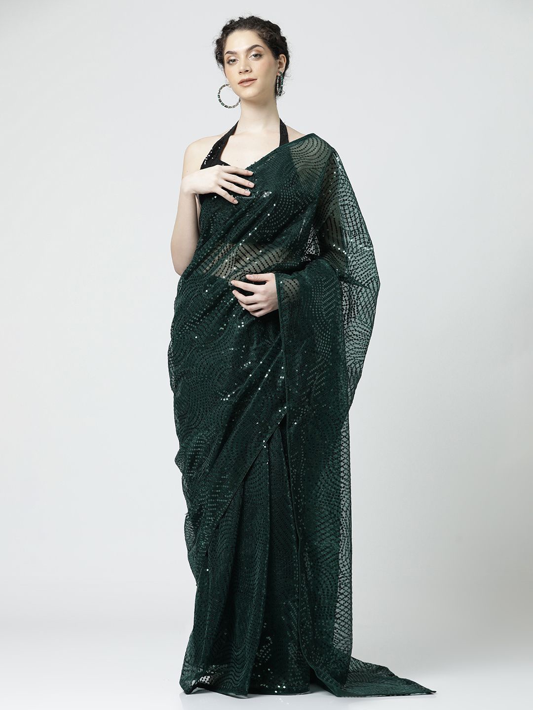 

Jaipur Kurti Ethnic Motifs Sequinned Pure Georgette Saree, Green