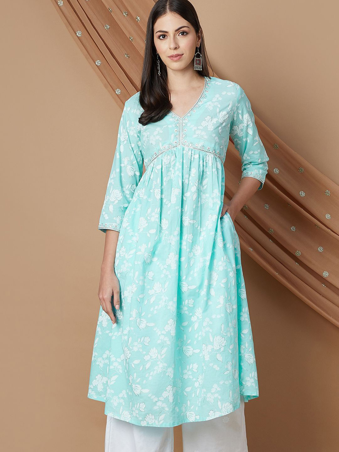 

Melange by Lifestyle Ethnic Motifs Printed Cotton A-Line Kurta, Blue