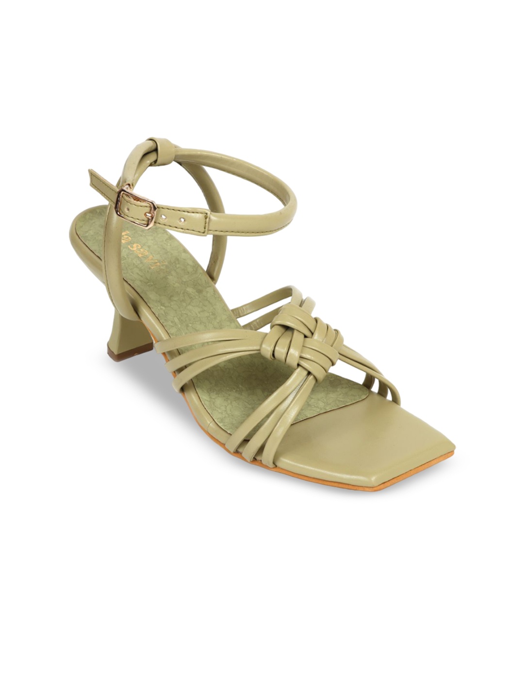 

LA SAVIE Embellished PU Kitten Sandals, Olive