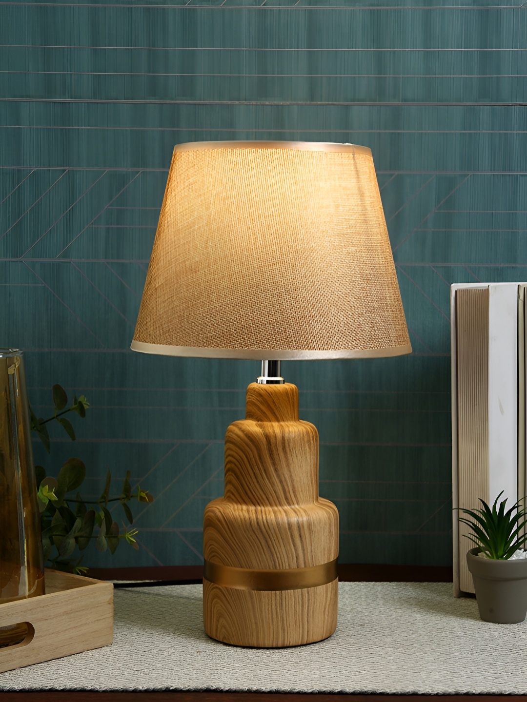 

TAYHAA Brown Textured Ceramic Contemporary Frustum Shaped Table Lamp