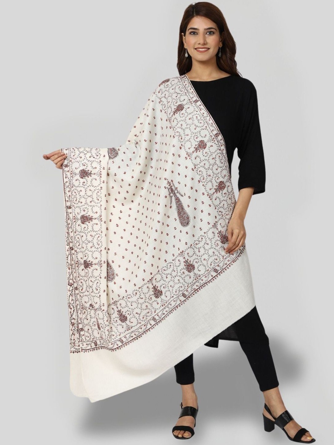 

SWI Stylish Floral Embroidered Pure Woollen Shawl, White