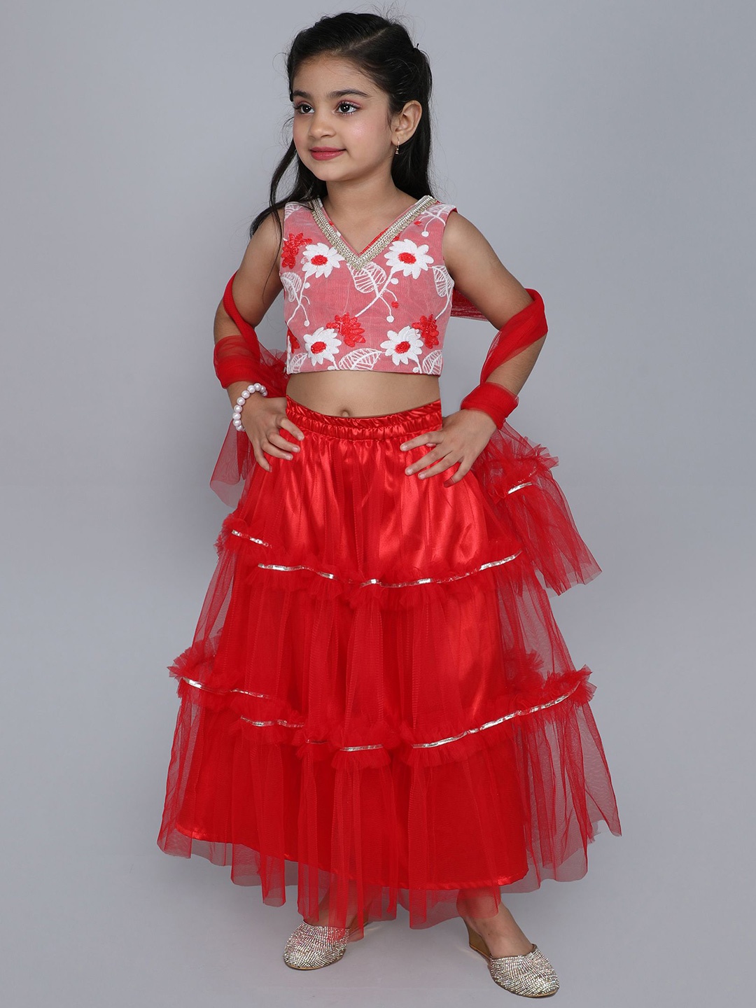 

MANY FROCKS & Girls Embroidered Ready to Wear Lehenga Blouse With Dupatta, Red