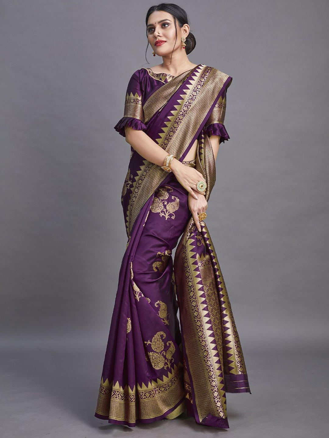 

LEAFFEB Ethnic Motifs Zari Pure Silk Banarasi Saree, Purple