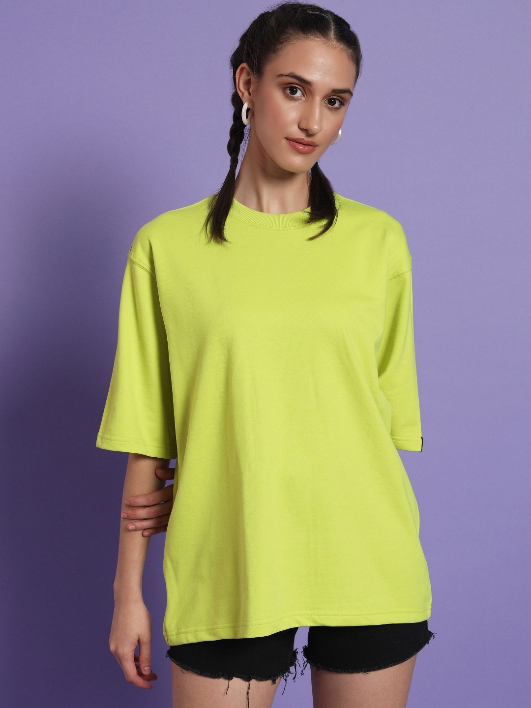 

PockMAN Women Bio Finish Solid Round Neck Pure Cotton Oversized T-shirt, Lime green