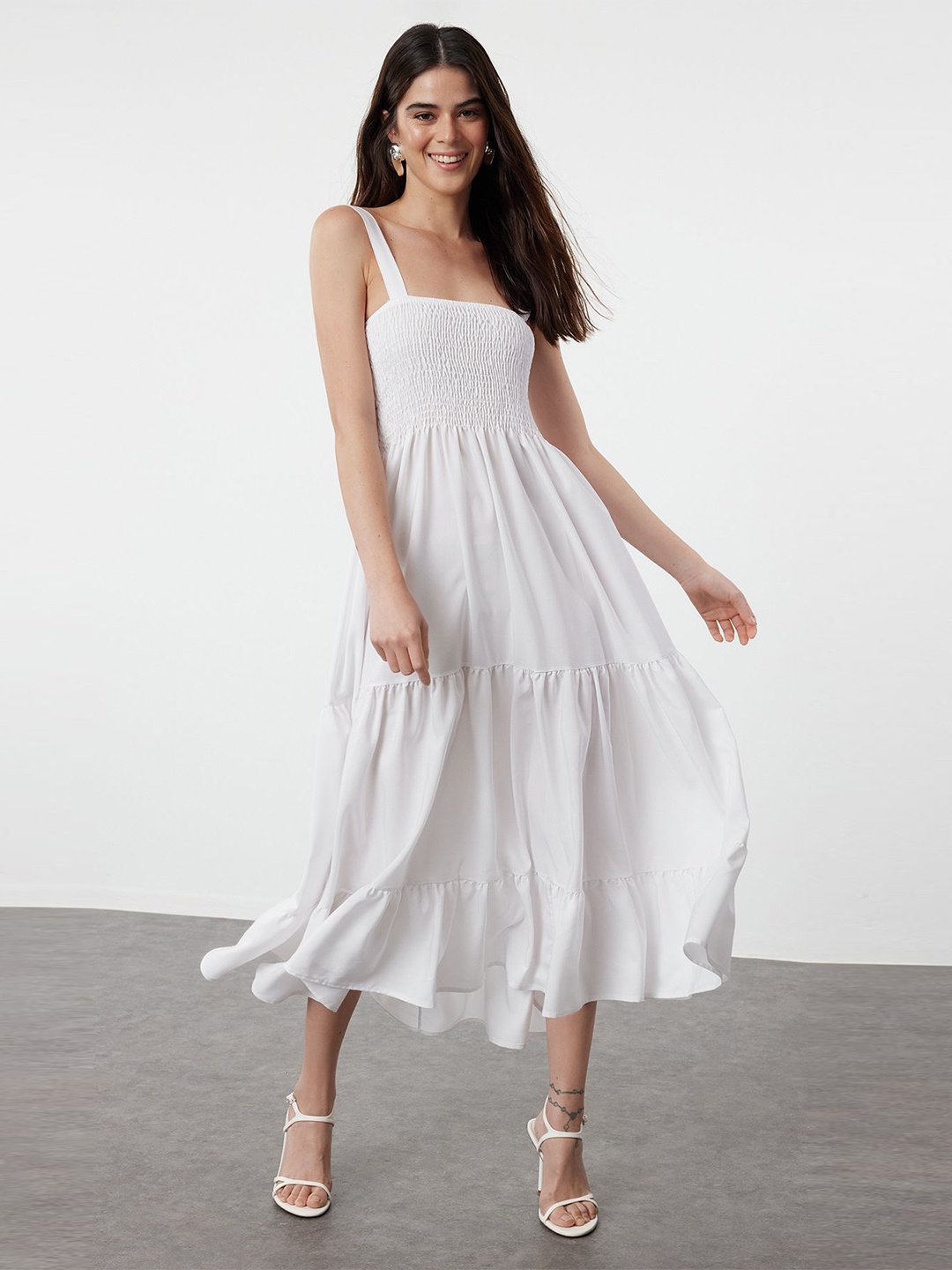 

Trendyol Solid Smocked Detail Empire Midi Dress, White
