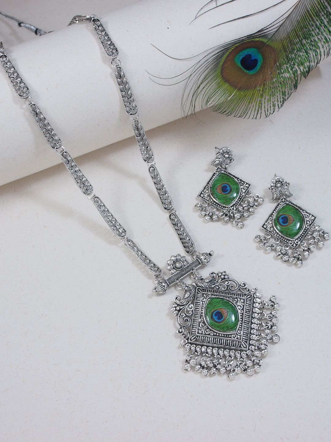 

I Jewels Silver Plated Oxidised Peacock Feather Ghungroo Jewellery Set