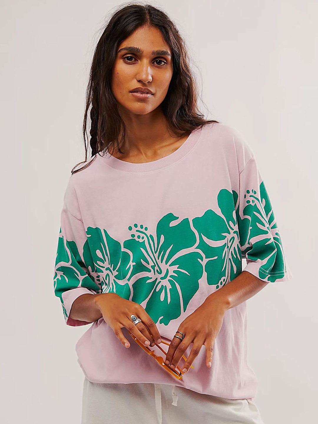 

LULU & SKY Floral Print Extended Sleeves Cotton Boxy Top, Green